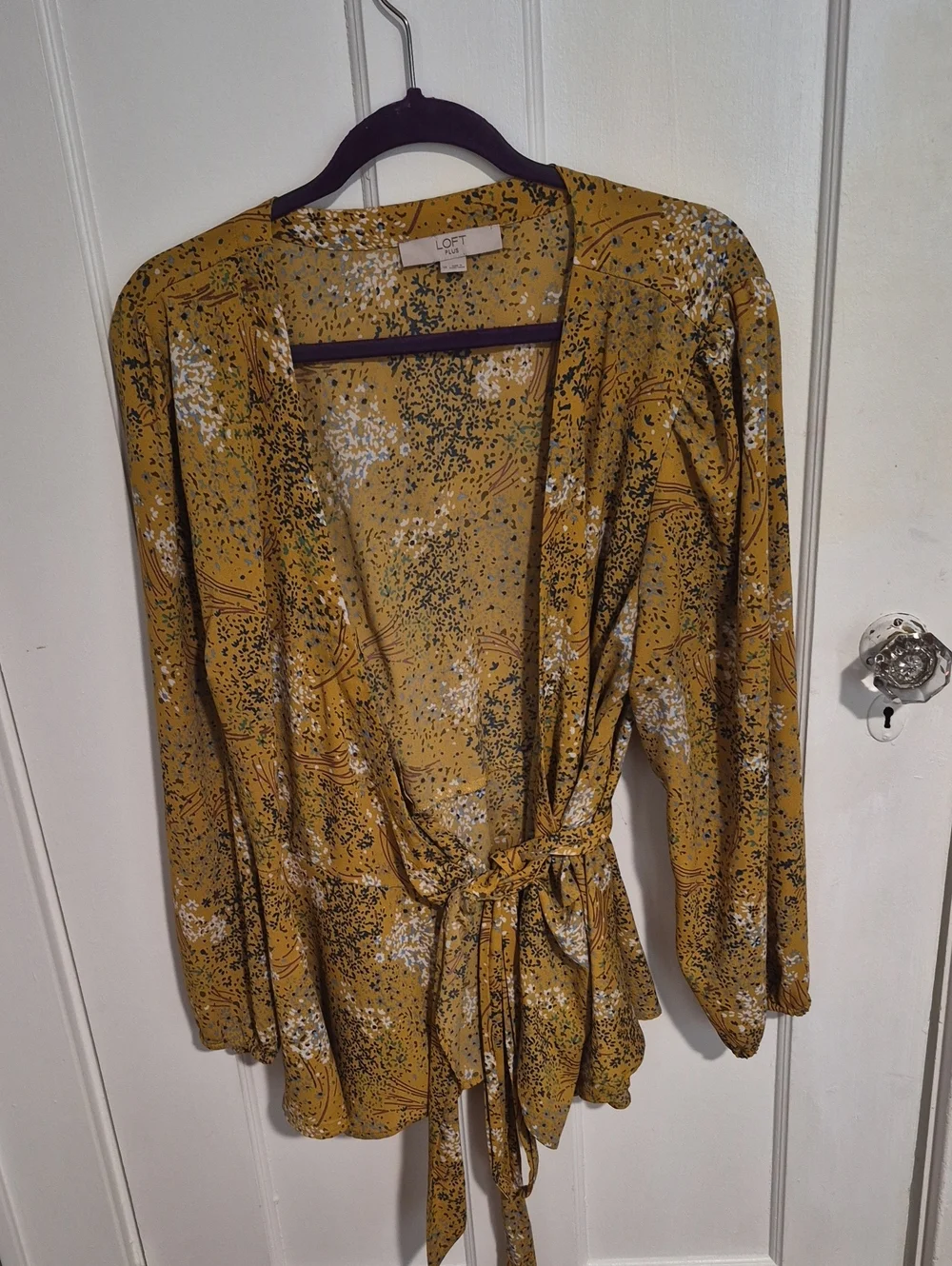 LOFT Mustard Floral Tie-Waist Wrap Top